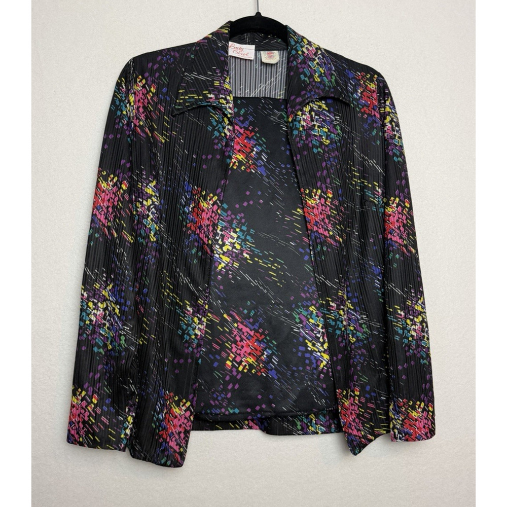 Lady Carol 2-Piece Set Lightweight Jacket w/Skirt Black w/Confetti Pattern Vntg